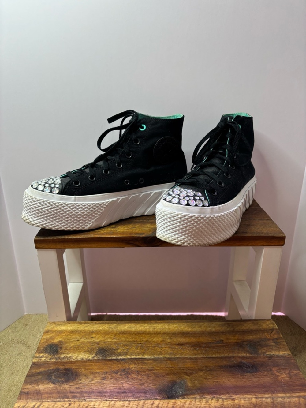 Converse Chuck Taylor Black High-Top Platform Sneakers w Crystal Toe Size 9